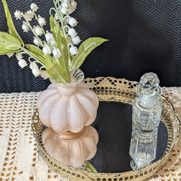 Vanity Set, Gold Tray, Clear Refillable Perfume Bottle and Fenton Vase. - Picture 2 of 4